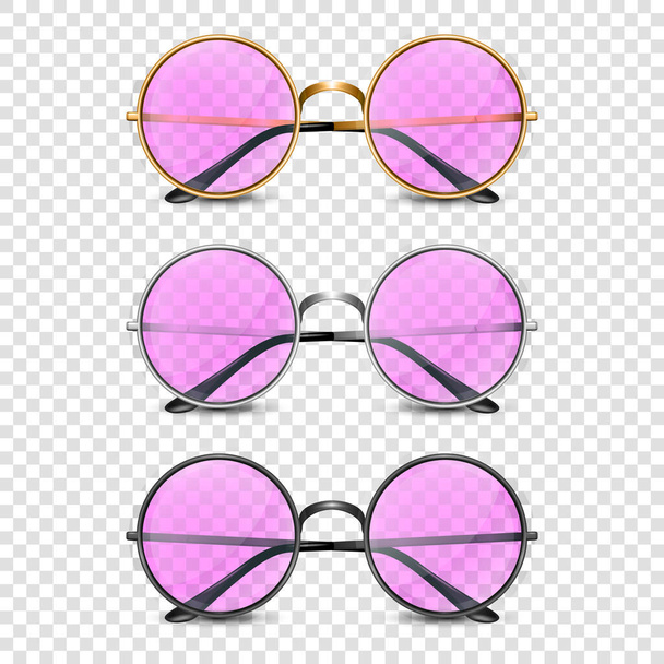 Vector 3d Realistic Modern Unisex Frame Glasses. Golden, Silver, Black Color Frame. Pink Transparent Sunglasses for Women and Men, Accessory. Optics, Lens, Vintage, Trendy Glasses. Front View. - Vettoriali, immagini