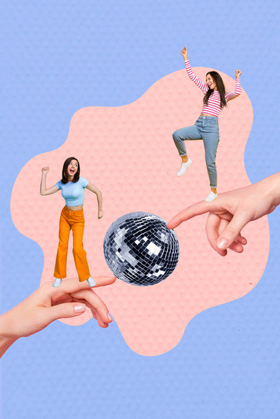 Vertical collage photo picture image poster artwork of cheerful carefree girl have fun good mood isolated on painting pink blue background. - Fotografie, Obrázek