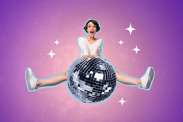 Creative retro 3d magazine collage image of excited impressed lady holding big disco ball isolated painting background. - Zdjęcie, obraz