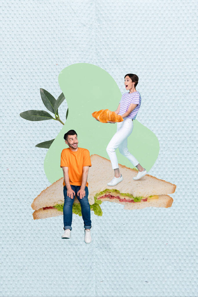 Vertical artwork collage image of two mini people sitting big sandwich hold croissant isolated on painted background. - 写真・画像