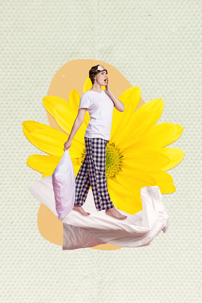 Vertical collage image of mini tired girl hand hold cushion walk white blanket yawning big sunflower isolated on painted background. - Valokuva, kuva