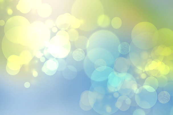 Abstract blurred fresh vivid spring summer light delicate blue yellow white bokeh background texture with bright circular soft color lights. Beautiful backdrop illustration. Space. - Foto, Imagen