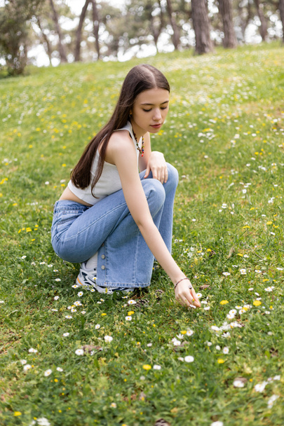 Brunette woman in top looking at daisy flowers on lawn in summer  - Photo, Image