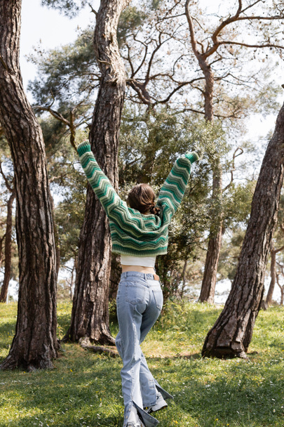 Vue arrière de la femme brune en pull et jeans marchant dans un parc d'été  - Photo, image
