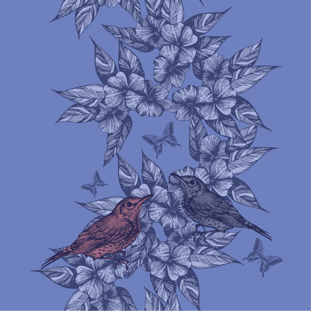 Spring seamless background with birds and butterflies, hand-draw - ベクター画像