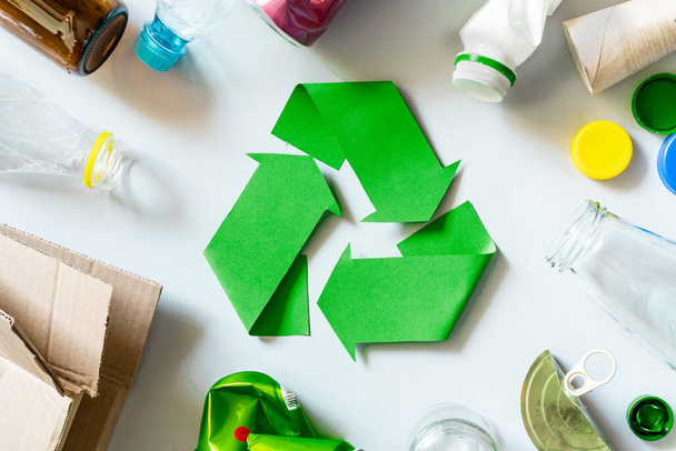 recycling concept - recycling symbol and objects, top view, flatlay - Фото, зображення