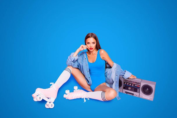 Full size length photo portrait of pretty cute tempting seductive charming nice lady holding using boombox isolated pastel background. - Fotó, kép