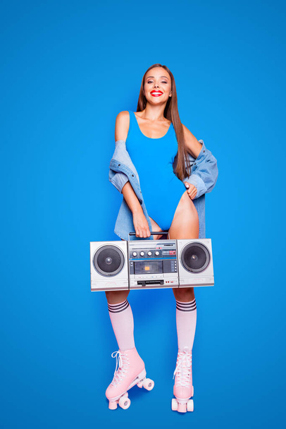 Weekend people person lifestyle generation casual jeans shirt concept. Vertical full length size studio photo portrait of excited with red lips girl holding tape radio hand isolated pastel background. - Valokuva, kuva