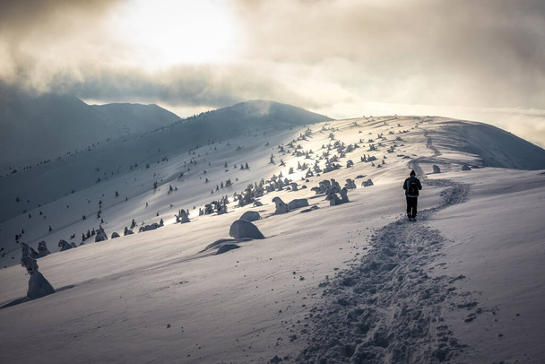 Silhouette της πεζοπορίας τουριστών το χειμώνα Καρπάθια βουνά - Φωτογραφία, εικόνα