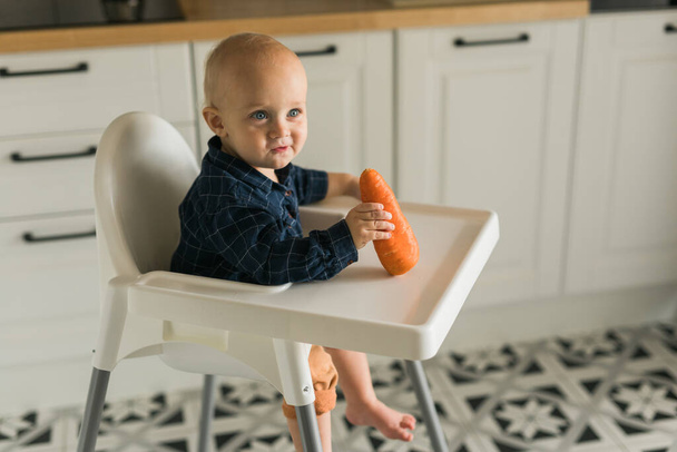 Happy baby sitting in high chair eating carrot in kitchen. Healthy nutrition for kids. Bio carrot as first solid food for infant. Children eat vegetables. Little boy biting raw vegetable - Fotó, kép
