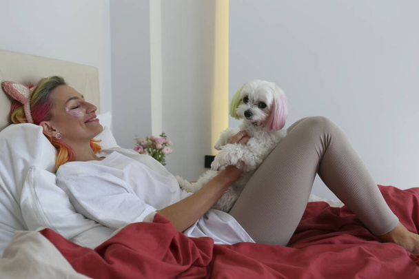 Young woman with multicolored hair and her maltese dog lying on the bed. Dogs that look like their owners concept. Close up, copy space, background. - Foto, Bild