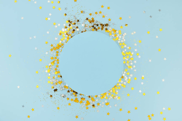 New Year, Christmas, or Birthday background. Round podium and scattered holiday confetti. - Fotografie, Obrázek