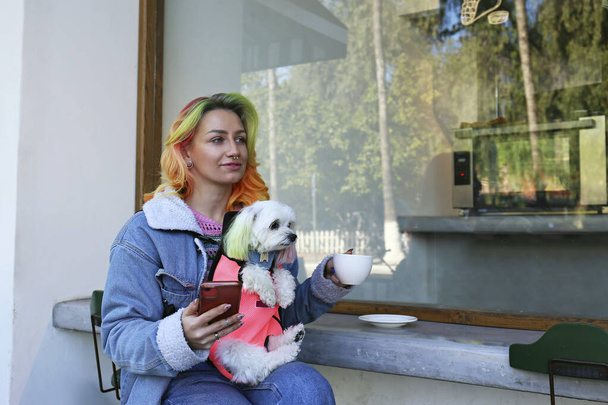 Young woman enjoying the morning cup of coffee with her maltese dog in a pet carrier backpack. Close up, copy space, background. - Foto, immagini