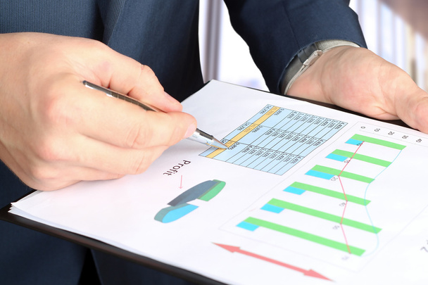 young businessman showing graphs by pen - Photo, Image