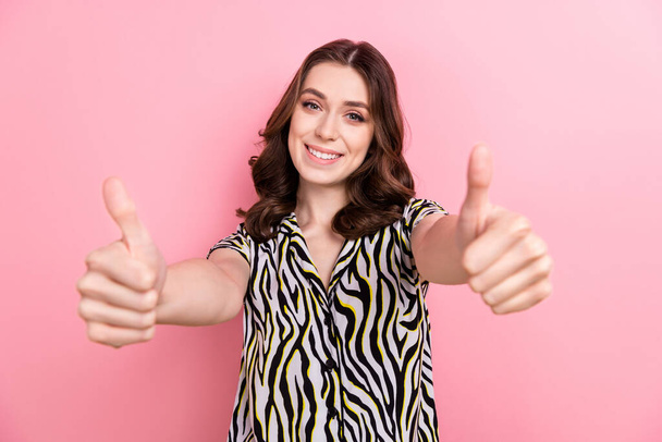 Photo of cheerful curly brown hair lady thumbs up beautiful woman recommend you candidate hr manager job isolated on pink color background. - Foto, afbeelding
