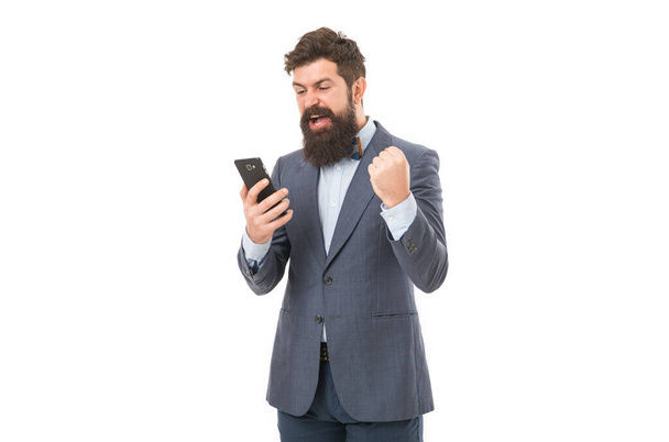 Happy to talk with partners. success deal. modern life concept. Business talk. business communication. Agile business. mature man. bearded businessman in suit. man speaking on phone. modern life. - Zdjęcie, obraz