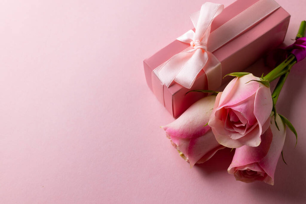 Image of pink roses and pink box with copy space on pink background. Mothers day, nature and spring concept. - Foto, Imagem