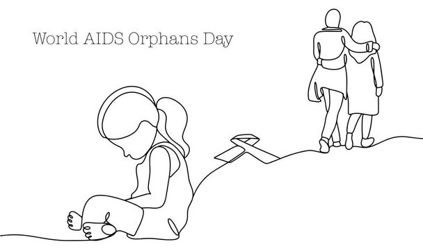 親にエイズがある子供。致命的な病気だ。世界エイズ孤児の日。異なる用途のための1つのラインイラスト。ベクターイラスト - ベクター画像