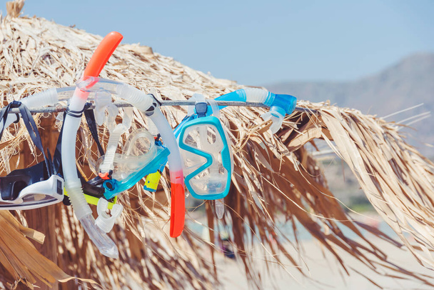 Şnorkelle yüzme ekipmanları palmiye şemsiyeli tatil konseptine asılmıştı. - Fotoğraf, Görsel