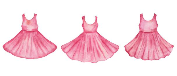 Akvarell illusztráció. Kézzel festett rózsaszín ruha, ujjatlan póló és bolyhos, fellángolt szoknya. Női ruhák. Lány ruhásszekrény. Női ruhák. Isolated fashion clip art shop bannerek, poszter - Fotó, kép