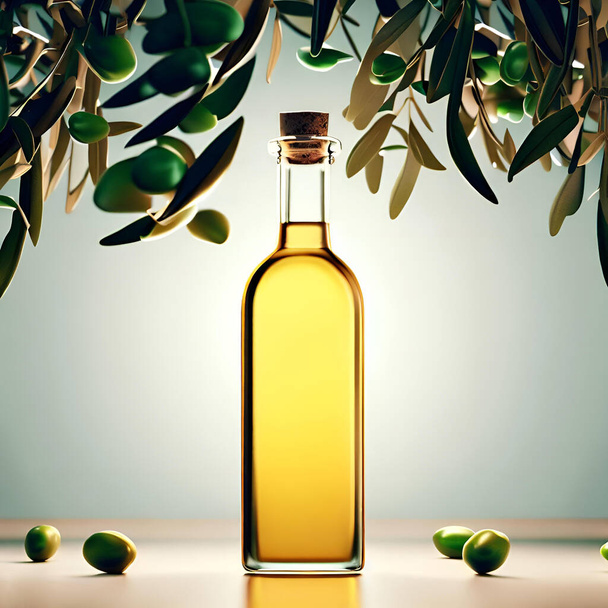 product shot of olive oil bottle standing between olive tree branches with olives hanging on them - Foto, afbeelding