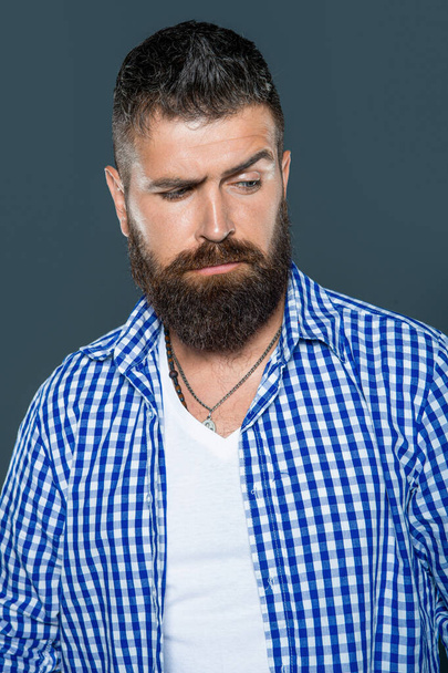 portrait of bearded man wear checkered shirt on grey background. - Zdjęcie, obraz