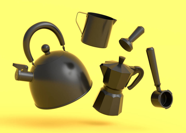 Espresso coffee machine with horn, kettle and geyser coffee maker for preparing breakfast on monochrome background. 3d render of coffee pot for making latte coffee - Фото, зображення