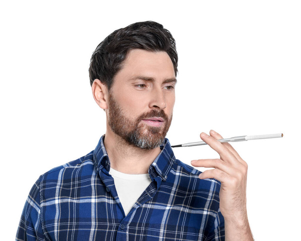 Man using long cigarette holder for smoking isolated on white - Foto, afbeelding