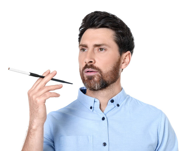 Man using long cigarette holder for smoking isolated on white - Foto, Imagem