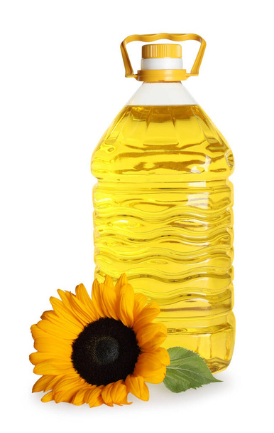 Sunflower cooking oil and yellow flower on white background - Foto, immagini