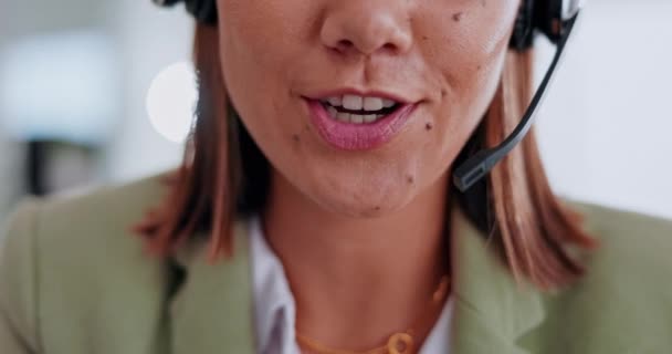 Call center, mouth and woman, agent or consultant for telemarketing, technical support or ecommerce communication. Happy callcenter person talking or speaking on headset for telecom services chat. - Footage, Video