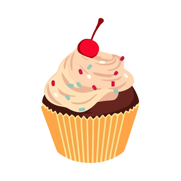 Cute cupcake illustration with cherry and cream icon isolated - Vector, Image