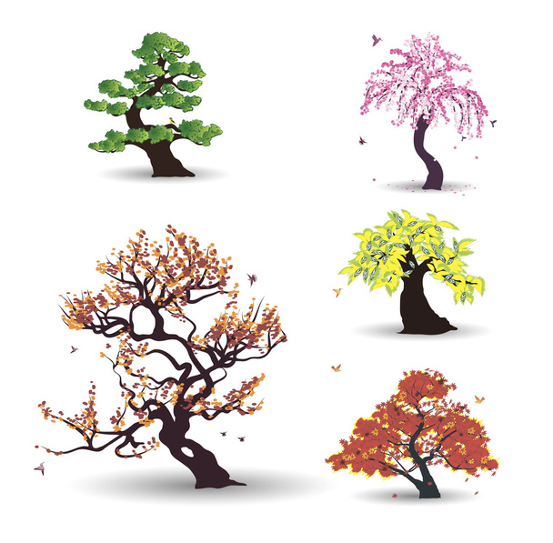 Five vector trees with birds - Vector, Image