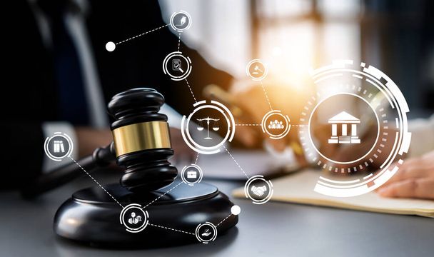 Smart law, legal advice icons and lawyer working tools in the lawyers office showing concept of digital law and online technology of astute law and regulations . - Photo, Image