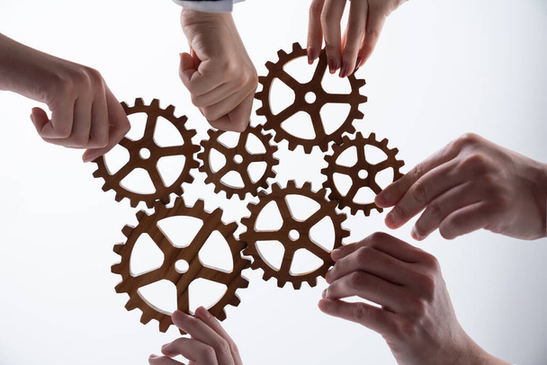 Hand holding wooden gear by businesspeople wearing suit for harmony synergy in office workplace concept. Isolated background. Bottom view of people hand make chain of gear into collective unity symbol - Photo, image