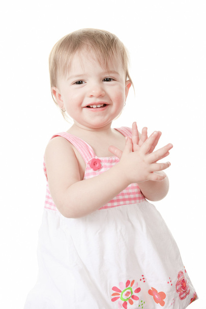 cheerful baby six months old, white background - Φωτογραφία, εικόνα