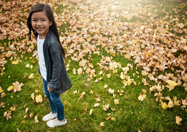 Its not autumn until youve crunched some leaves. Portrait of an adorable little girl enjoying an autumn day outdoors - Foto, Bild