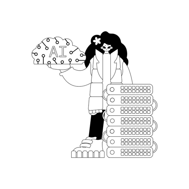 Mädchen und KI-Server im linearen Vektor-Stil, inspiriert vom Thema künstliche Intelligenz - Vektor, Bild