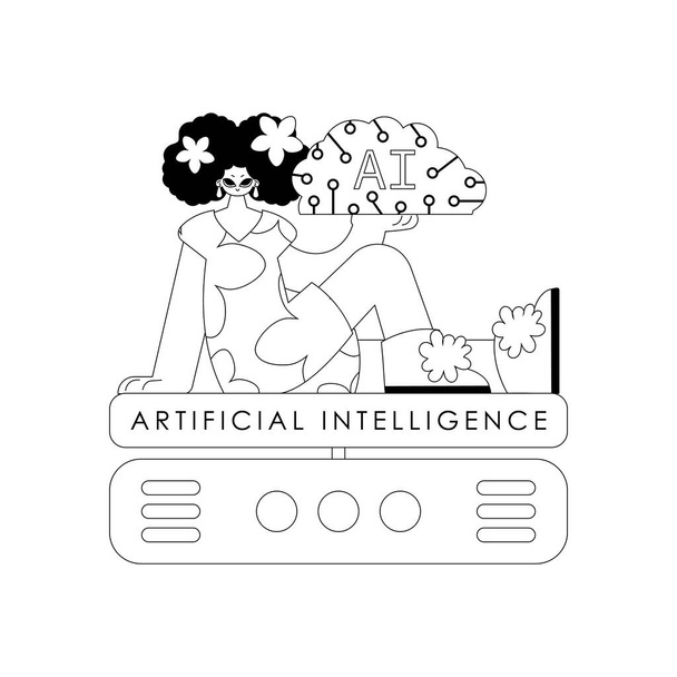 Chica y servidor AI, en un estilo de vector lineal que ilustra el tema de la inteligencia artificial - Vector, Imagen