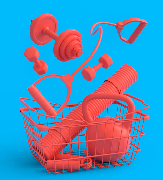 Sport equipment for fitness, gym in shopping basket on monochrome background. 3d render of power lifting and fitness concept - Foto, afbeelding