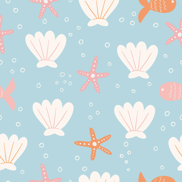 Seamless sea pattern with seashells, corals and starfish. Repeating background with sea shells, clams, clam print. Color vector illustration - Vetor, Imagem