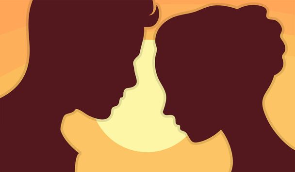 Η σιλουέτα ενός νεαρού και ενός κοριτσιού. Πορτοκαλί ηλιοβασίλεμα. Πρόσωπο με πρόσωπο. Ένα ζευγάρι ερωτευμένο. Τέχνη ρομαντική διανυσματική απεικόνιση - Διάνυσμα, εικόνα