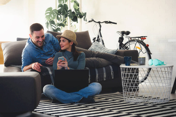 happy couple making online order at home, shopping concept - Photo, Image