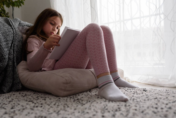 Ένα νεαρό κορίτσι διαβάζει το βιβλίο της στο σαλόνι. - Φωτογραφία, εικόνα