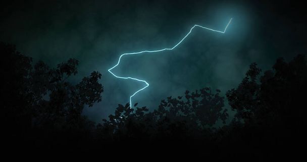 Image of lightning striking over trees and stormy clouded sky. Weather, storm and nature concept digitally generated image. - 写真・画像