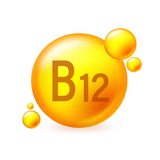 Вітамін B12 золота сяюча піктограма капсули таблетки. Таблетки капсули Векторні ілюстрації на білому ізольованому фоні
. - Вектор, зображення