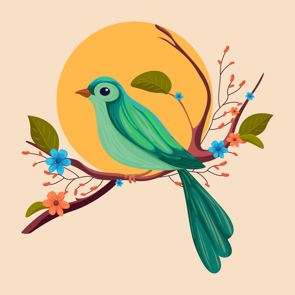 Illustration mit schönen Vögeln und Blumen, Blättern, Natur, abstrakten Blattmustern, Illustration, Frühlingsillustration  - Vektor, Bild