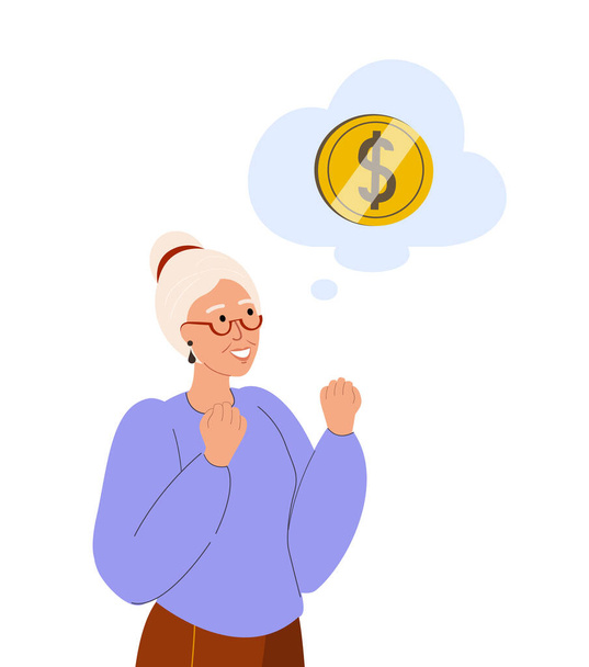 Happy Senior Συνταξιούχος Γυναίκα, Γυναικεία Όνειρα Χαρακτήρα, σκέφτεται για τα χρήματα, απεικόνισης Χρυσό Δολάριο Coin.Financial Wealth, Money Cent, Συνταξιούχος Αποταμίευση, Πλούσια Πλούσια Συνταξιούχος. - Διάνυσμα, εικόνα