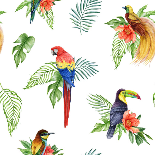 Beautiful birds with flowers, leaves decor seamless pattern. Watercolor illustration. Hand drawn tropical birds with floral decor seamless pattern. Parrot, toucan with palm leaves and flowers. - Photo, Image