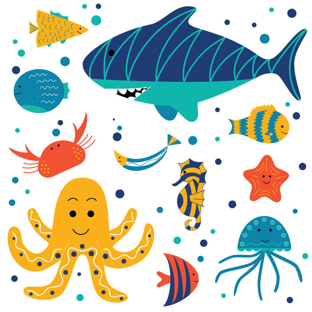 Set with cute smiling sea animals - shark, seahorse, crab, octopus, jellyfish, starfish and various fish. Marine and ocean fauna isolated on white background. Flat cartoon vector illustration. - Vecteur, image